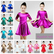 Girls Satin Dance Dress Shiny Latin Dancewear Ballroom Rumba Tango Costume