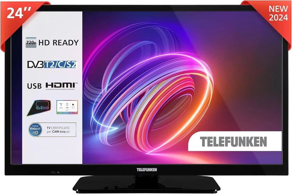 TELEFUNKEN TV 24" HD Ready 24TENSNVZ, TV LED 24 Pollici, Digitale DVB-T2/C/S2, U - Immagine 2 di 4