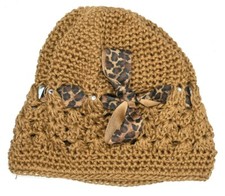 Knit baby beanie brown with rhinestones and animal print ribbon stretch material