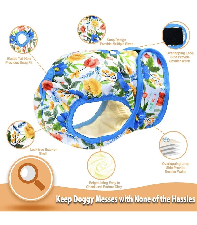 Pañales lavables para perro hembra (paquete de 3), pañales grandes reutilizables sin fugas para perro Foto 4 de 4