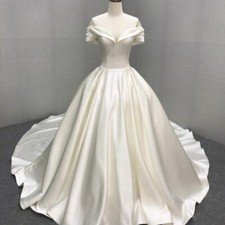 Satin Wedding Dresses White Ivory Vintage Sweep train Off Shoulder Bridal Gowns