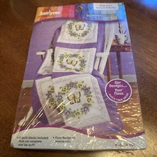 Janlynn Pansy  Butterfly Color w/Stitches Stamped 6 Quilt Blocks Intermediate