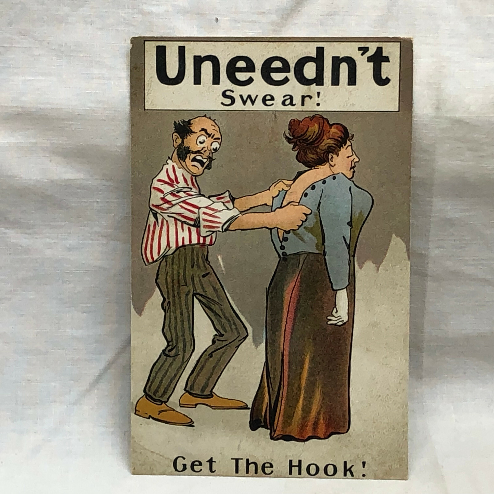 Vintage Postcard Uneedn't Swear Get The Hook Man Dressing Woman Button ...