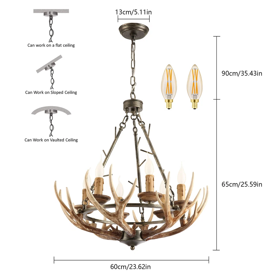 Lámpara de techo rústica con asta interior 6 luces 110V E12 60W Foto 3 de 4