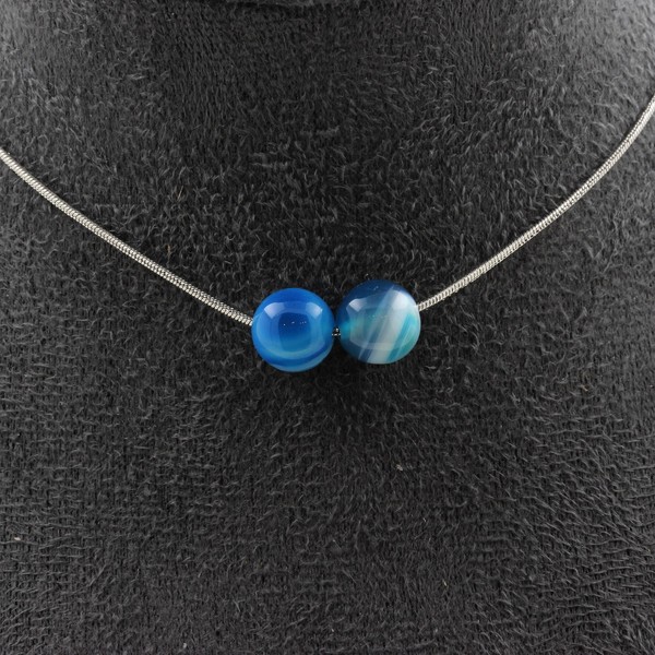 Steine Und MinéRaux. Halskette 2 Perlen Achat Phylum Blau 8 MM Kette Stahl I-image