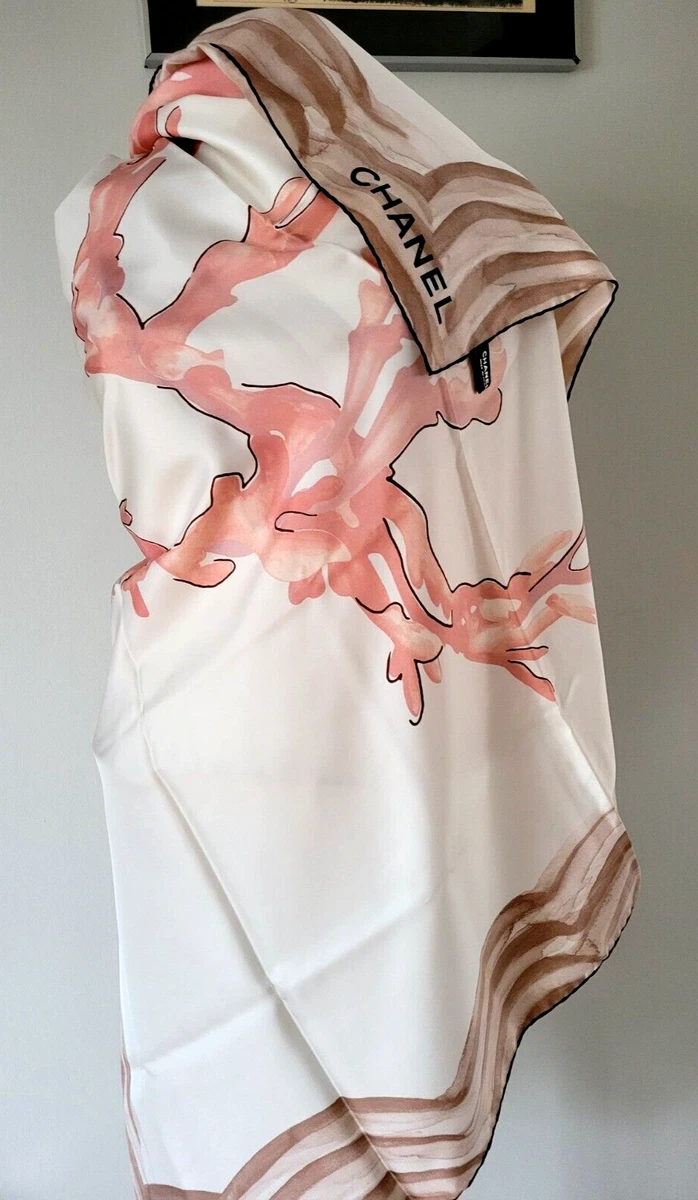 AUTH. 12P NEW XL CHANEL SCARF/WRAP/SHAWL 100% SILK PINK/WHITE/BEIGE  132X132CM