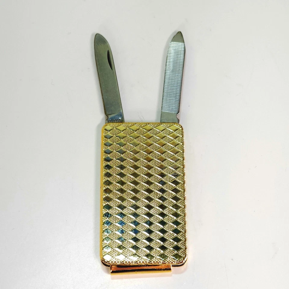 Navaja de bolsillo con clip para dinero de acero inoxidable colonial vintage lima de uñas patrón de diamante Foto 2 de 4
