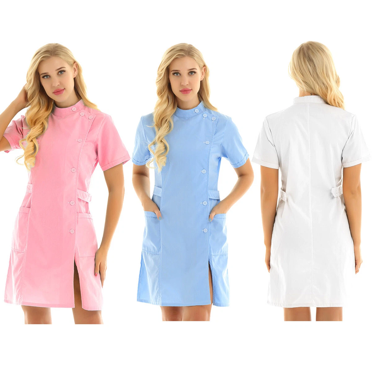 Women Mandarin Collar Scrub Lab Coat Dress Medical Hospital Work