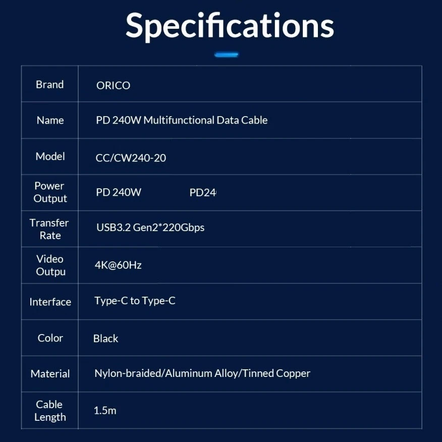 240W 20GB x 2 Thunderbolt Compitible Type C 4K Charging & Data  Cable - Image 4 of 4