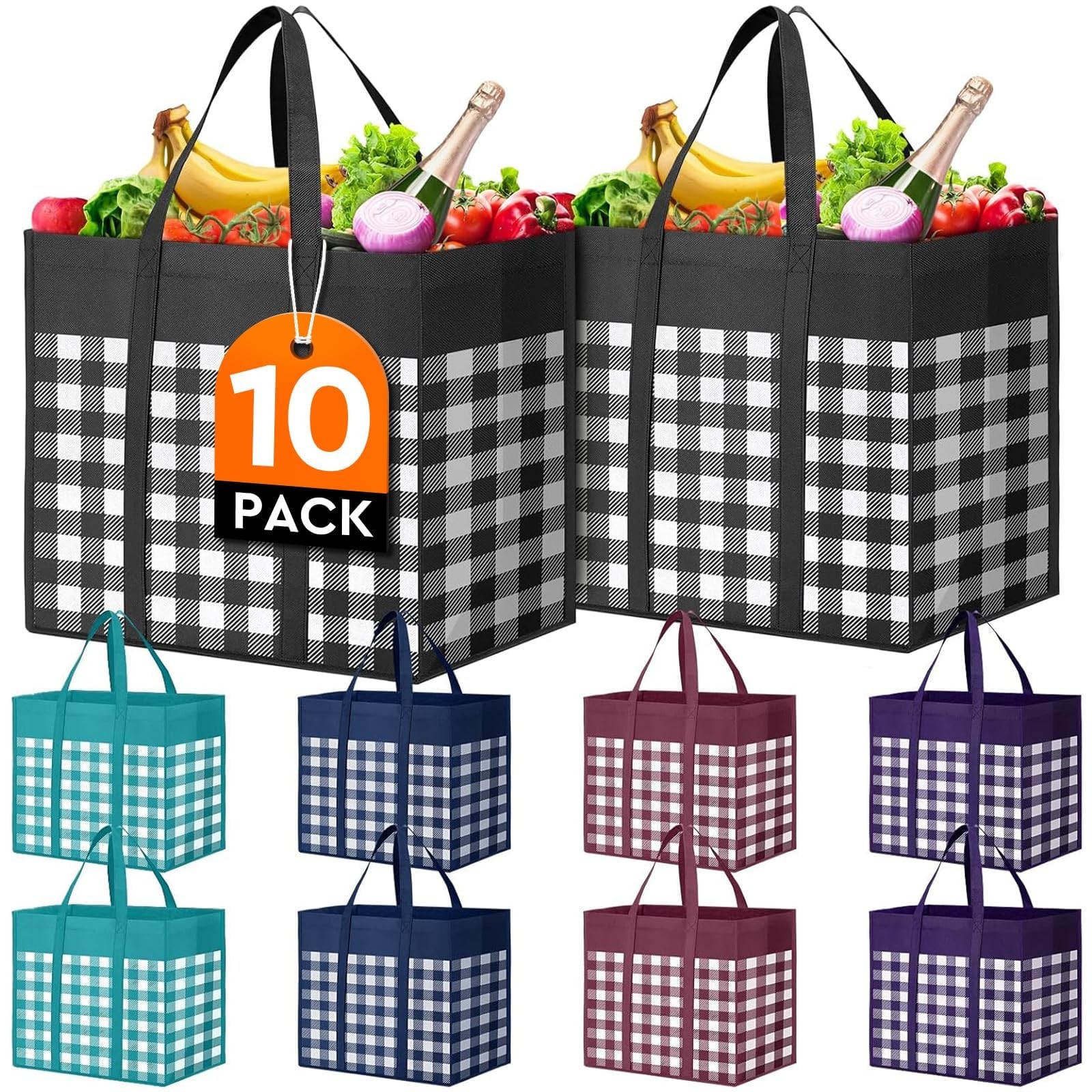 Reusable Grocery Shopping Bags 10 Pack Large Foldable Tote Bags Bulk Long Han...