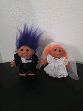 Vintage 1986 DAM Troll Dolls Bride Wedding Dress Orange Hair & Groom Purple Hair