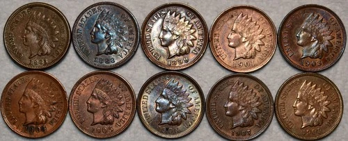 10x AU-UNC Indian Head Cent, 1863, 1883, 1899, 1901, 1903, 1904, 1905, 06, 07 09