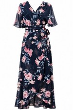 Eliza J Floral Faux Wrap Maxi Dress Navy Pink Chiffon High Low Size 4