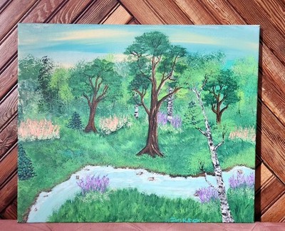 Original Acrylic 20×16 Canvas White Birch, Flowers Landscape Painting Signed