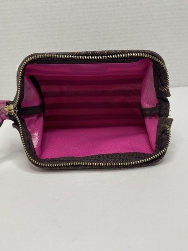 Borsa cosmetica trucco Henri Bendel New York marrone e bianca a righe con cerniera - Foto 6 di 6