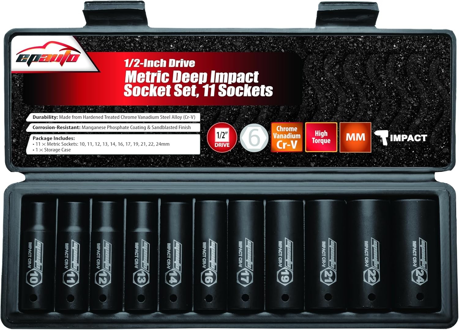 1/2-Inch Drive Metric Deep Impact Socket Set Cr-V 6 Points 11 Sockets