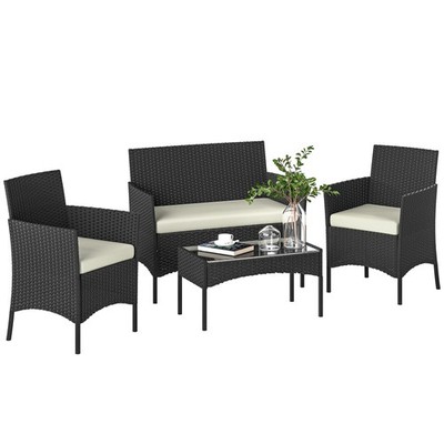Outsunny 4-teilige Rattan Gartenmöbel Sofagarnitur mit Kissen, Cremeweiß