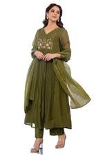Women Embroidery Solid Anarkali Kurta and Pant Set with Dupatta