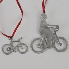 2 Pewter Bike Ornaments, Santa Riding a Bicycle, Creatively Yours, Vintage