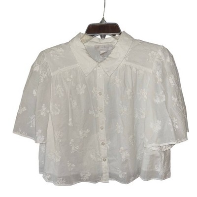 Caroline Constas Short Sleeve Embroidered Button Front Top floral Large￼