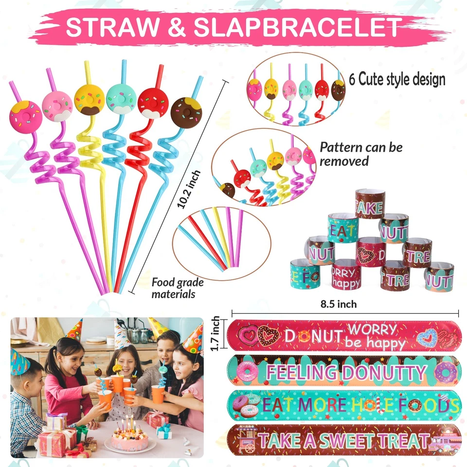 60 Piezas Donut Party Favores - 12 Juegos de Bolsas Donut Llavero Donut Paja Slapband  Foto 4 de 4