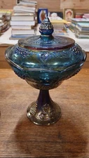 Vintage Indiana Glass Carnival Glass Grape Harvest Blue Amethyst Compote Dish