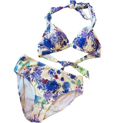 Rachel Roy Women M Two Piece Bikini Swimsuit White Blue Floral Beach Summer Sexy