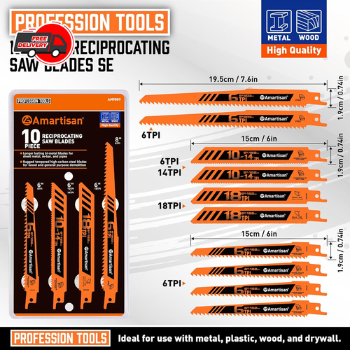 10-Piece Bi-Metal Reciprocating Saw Blade Set 6 to 8 Inch Used for Wood & Metal - Afbeelding 2 van 7