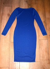NEW! BOOHOO ribbed scuba pencil dress S/M 8 10 bodycon bright blue midi stretch