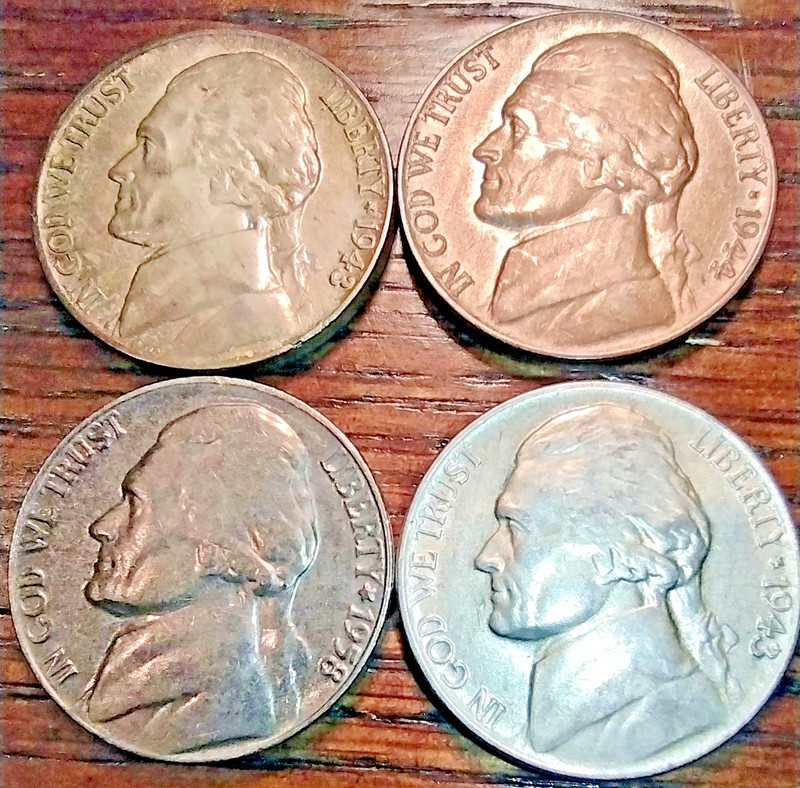 War Nickels (part Silver) ; 1943/1944, 1-1958-P ; Three Toned_Obv/Rev; FREE SHIP