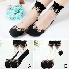 Ladies Women Ankle Socks Floral Transparent Crystal Summer Mesh Thin Socks