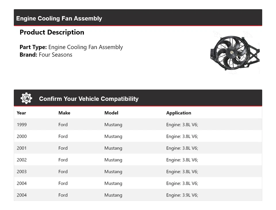 Conjunto de ventilador de refrigeración del motor Ford Mustang 1999-2004 4 estaciones 2000 2001 2002 Foto 2 de 4