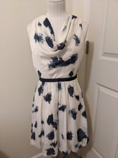 Cute Ann Taylor Loft women white blue pattern cowl neck chiffon dress Sz 2 S