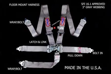 RJS RACING SFI 16.1 LATCH & LINK 5 PT HARNESS FLOOR MOUNT GRAY STERNUM