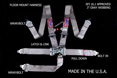 RJS RACING SFI 16.1 LATCH & LINK 5 PT HARNESS FLOOR MOUNT GRAY STERNUM