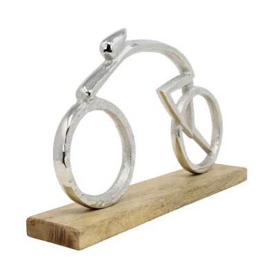 SIFCON Cyclist Sculpture on Wooden Stand Small Silver Steel Ornament Figure Art Decor