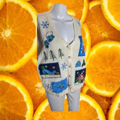 Holiday Editions Women's Beige Ramie-Cotton Ugly Christmas Patchwork Vest Size L