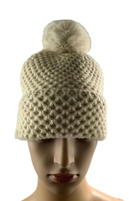 Steve Madden Woman s Cream Knit Pom Pom Faux Fur Woven Pattern Hat OS Outdoors