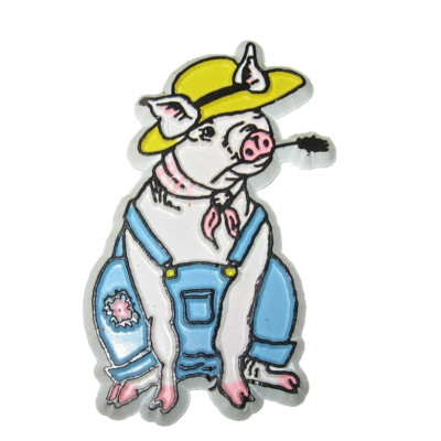 Country Pig Hog Magnet Blue Overalls Yellow Hat Chewing Hayseed Novelty