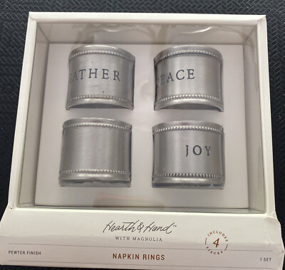 Hearth and Hand Magnolia 4 Napkin Rings Set Pewter - Gather, Merry, Joy, Peace