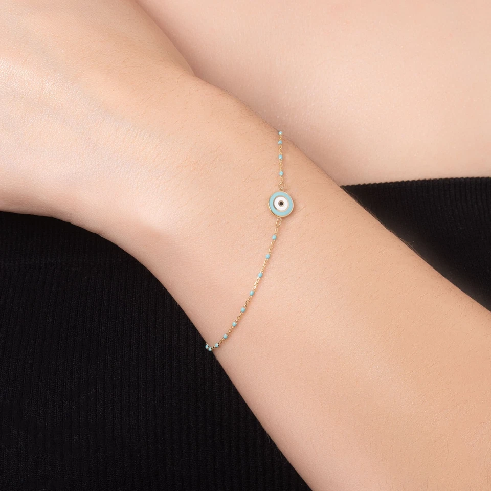Pori Jewelry 14K Solid Gold And Turquoise Chain Alternating Evil Eye Bracelet - Image 2 of 3