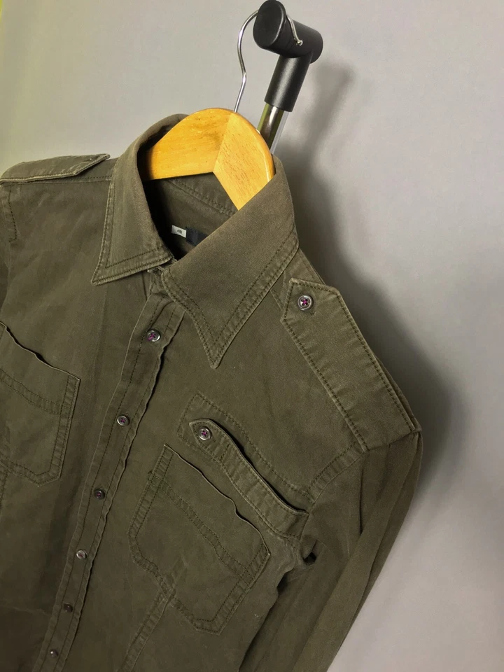 DSQUARED2 vintage mens shirt button khaki green cotton long sleeve slim sz 48 - Image 3 of 4