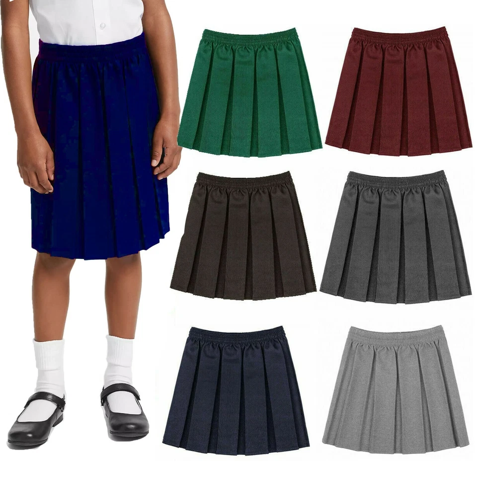 GIRLS BOX PLEATED SKATER SKIRT KIDS SCHOOL UNIFORM SPORTS ELASTICATED WAIST