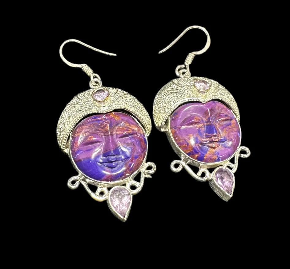 Silver Plate Bali Ethnic Gemstone Carved Face Earrings Amethyst Dangle Hook - Image 2 of 4