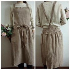 Vintage Women Linen Cotton With Pocket Long Apron Pinafore Dress Casual Workwear