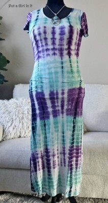 New PLUS SIZE Womens AQUA BLUE PURPLE TIE DYE DYED BOHO SOFT MAXI DRESS 1X  2X 3X