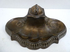 ART NOUVEAU BRONZED PLATED METAL PORCELAIN INK WELL DESK SET PEN STAND