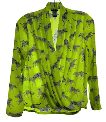 Ann Taylor Cross-Over Front Hi-Low Neon Green Cheetah Print LS Blouse Sz XSP