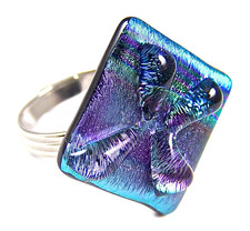 DICHROIC GLASS RING Adjustable Purple Blue Teal Tie Dye Stripe Patterned 1" 25mm