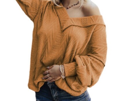 Orange Textured V Neck Long Sleeve Knit Top